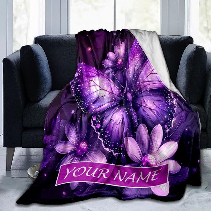 1PC Custom Name Purple Butterfly Fantasy Flannel Blanket Versatile,all-season Throw Suitable for the Living Room,bedroom,camping,travel,and Gift