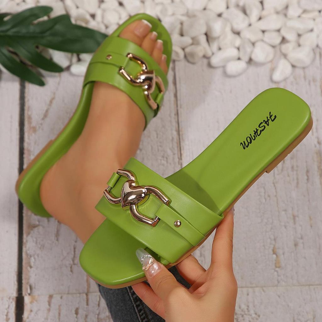 Dames Nieuwe Mode Slippers, Klassiek Temperament, Veelzijdige Effen Kleur, Metalen Decoratie Vierkante Neus Platte Sandalen