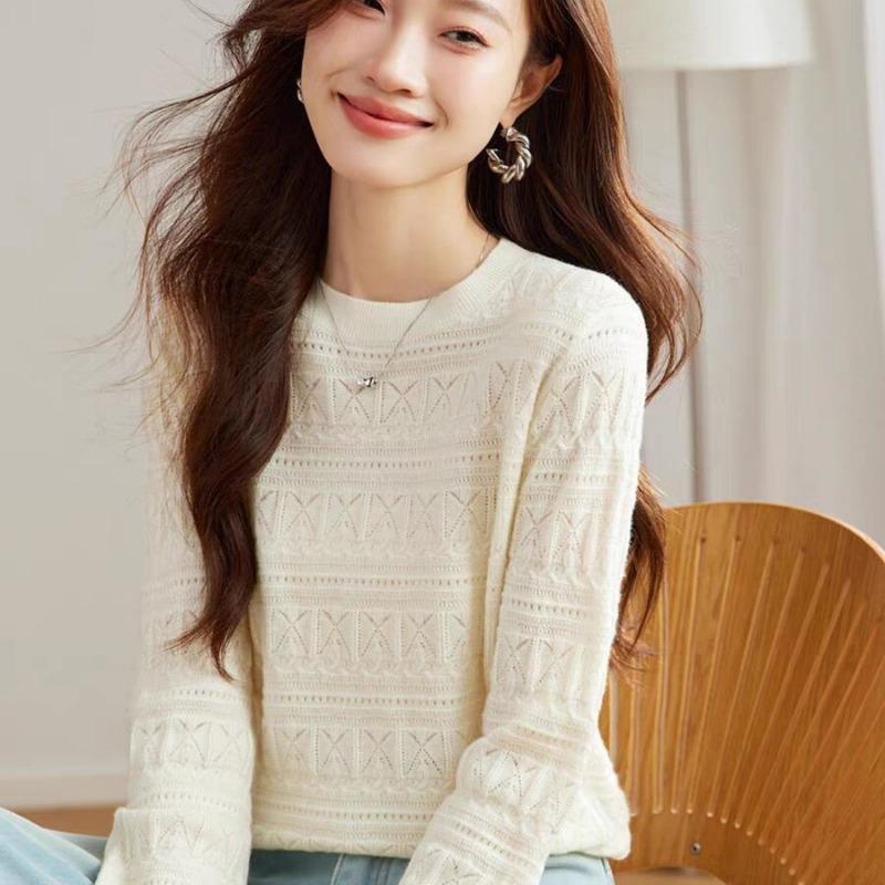 Spring and Summer New Trend Red Round Neck Long-sleeved Knitted Sweater Pullover Femininity Elegant Commuter Style