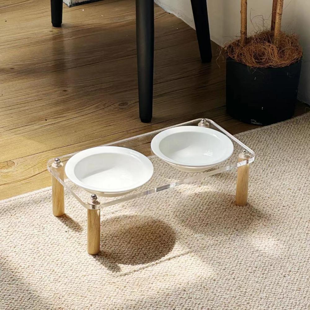 Single/Double Bowl Cat Bowl with Acrylic Stand Protect Cervical Spine Anti-Spill Ceramic Pet Food Basin Increased Height