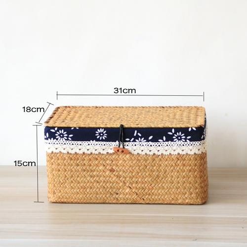 Seaweed Woven Box Grass Basket with Lid Household Storage Basket Snack Storage Rattan Fabric Rectangle Bedroom Sort Out Boxes