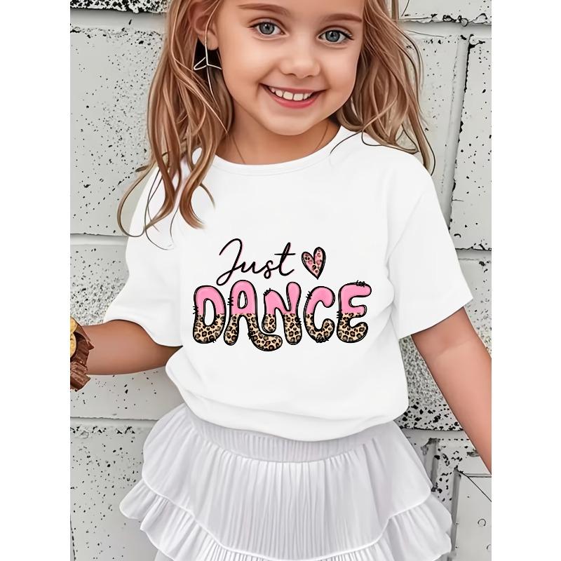 European Sizes Girls' Just Dance Letter & Heart Print T-Shirt - Cute Dance-Themed Top with Iconic, Round Neck Casual Summer Outfit for Dance Classes