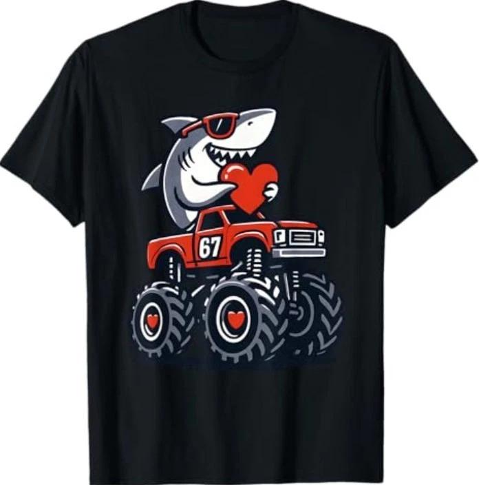 Valentines Day 67 Meme Shark Hearts Truck Funny T-Shirt