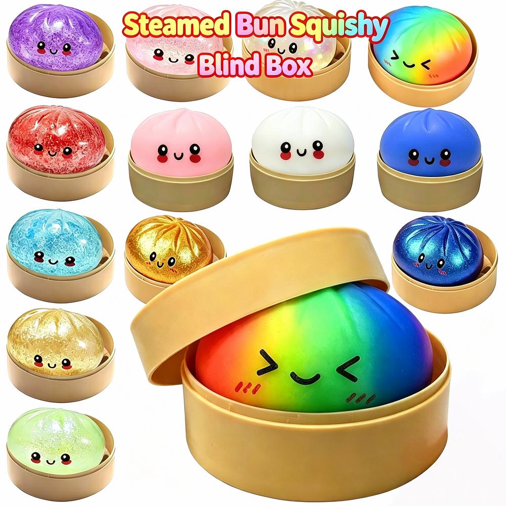 Glitter Dumpling Squishy with Box Dumplings Sensory Steamer Soft TPR Dough Ball for Decompression Fidget Toy Stress Relief Gift