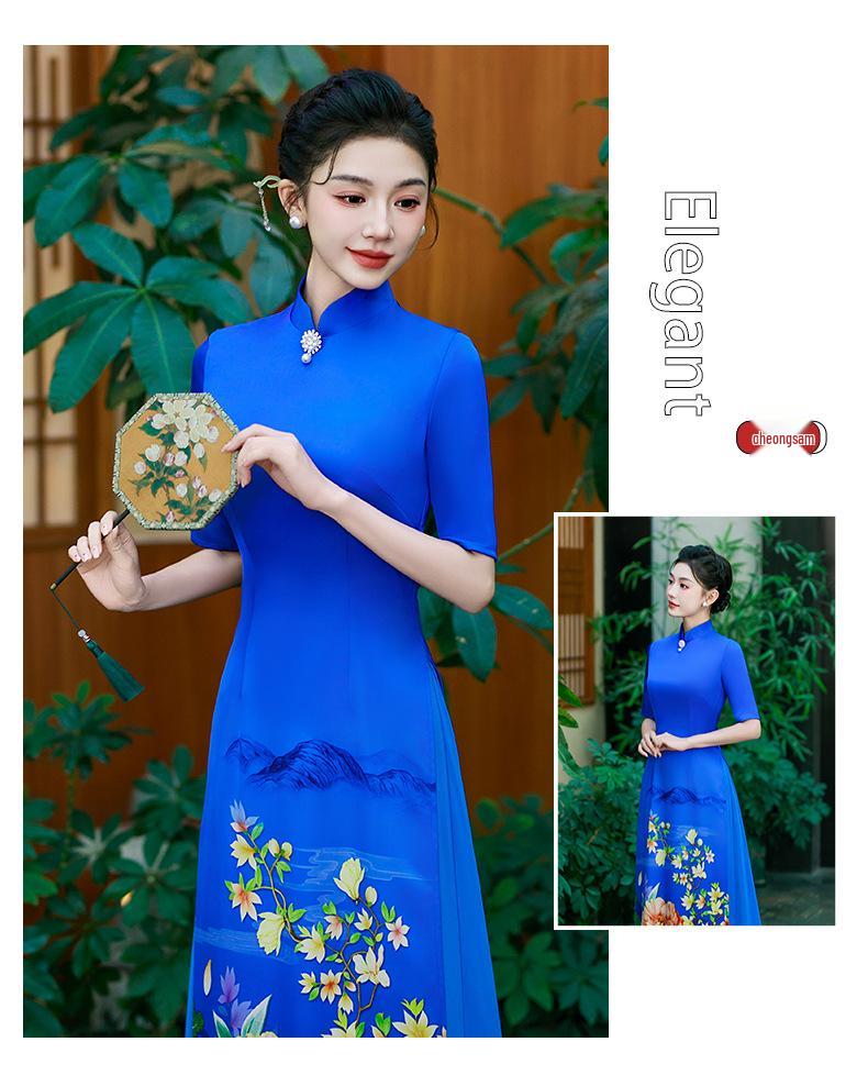 Robe Cheongsam Haut de Gamme Inspirée de l'Ao Dai Bleu Été 2025 pour le Défilé et les Soirées