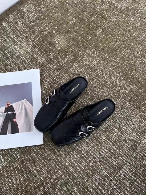 [Excluding Tax] Platform Half Slippers Retro Carved Square Head Loafers Women'S Shoes New British Style Bag Head Slippers