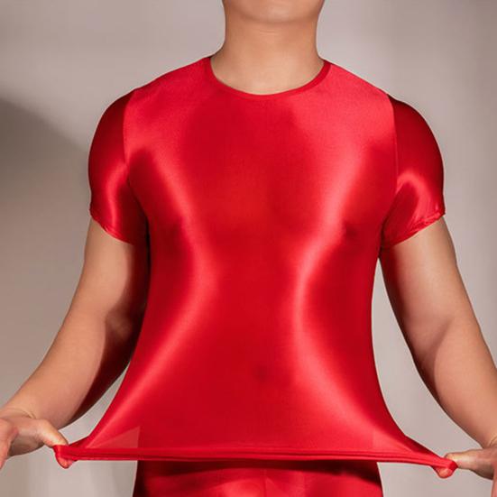 Men T-shirt Thin High Elasticity Round Neck Short Sleeves Slim Fit Good Breathability See-through Glossy Surface Top