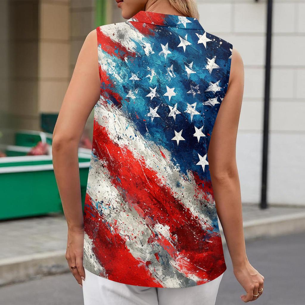 Women Sleeveless Button Front Vest Independence Day Print V Neck Collar Casual Fashion Tank Top