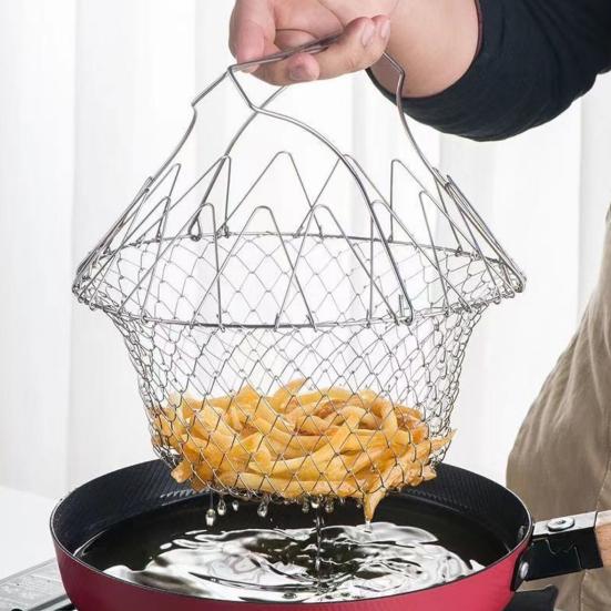 Cesto per insalata pieghevole in acciaio inox, filtro per alimenti fritti da cucina, antiruggine, filtro per olio, per frutta, patatine fritte, verdure
