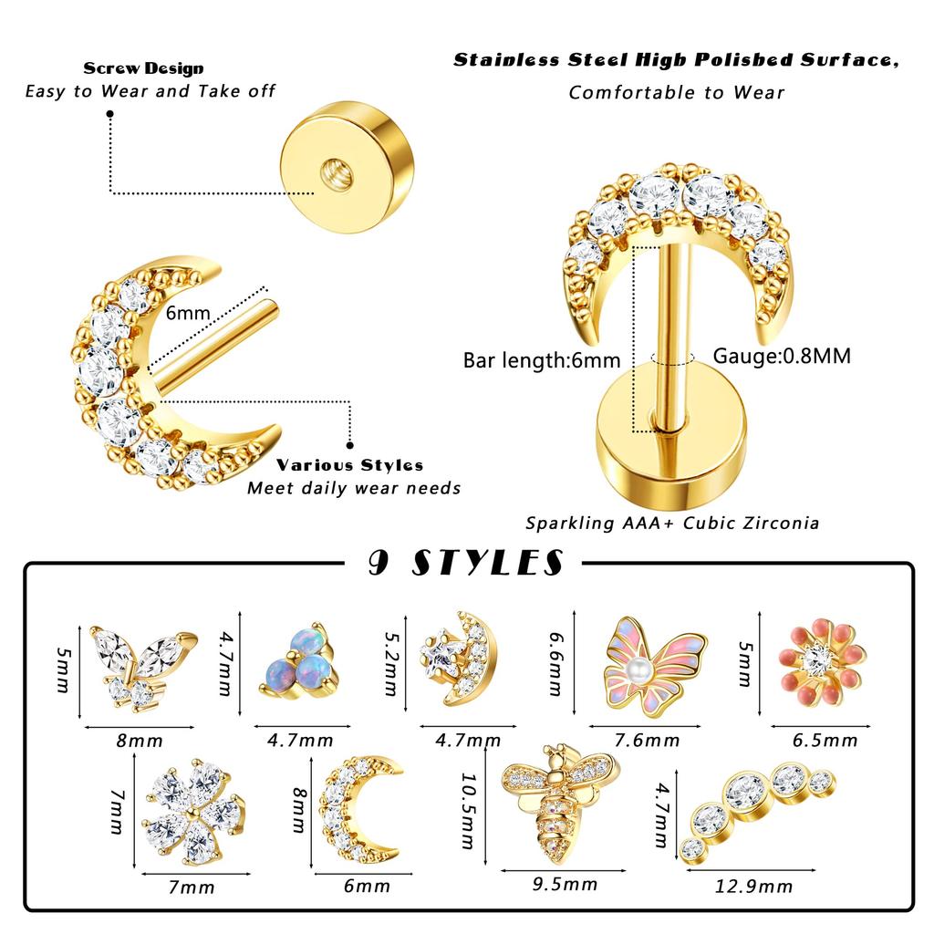 Drperfect 1pc Cartilage Earrings Stud for Women Surgical Steel Flat Back Earring Butterfly Flower Tragus Helix Piercing Jewelry