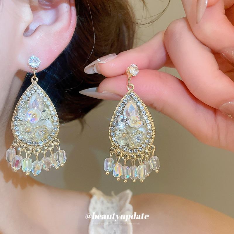 Silver Needle Diamond Crystal Water Drop Flower Pendant Earrings Bohemian Ethnic Style Earrings Light Luxury Premium Earrings