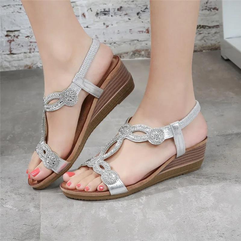 Women's Shoes Summer New Bohemia Wedge Women Sandals Rhinestone Woman Flip Flops Vintage Women Shoes Beach