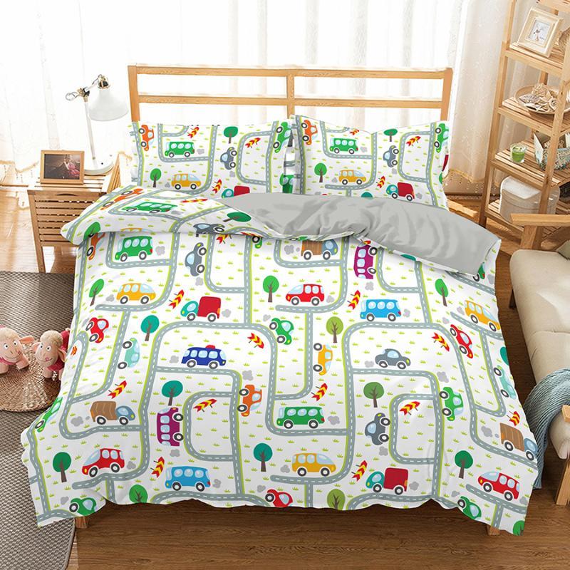 Travel Guide Duvet Cover Set Cartoon Route Car House Building Pattern Bedding Set Microfiber Travel Theme King Size Quilt Cover