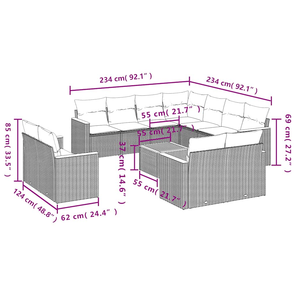 Vidaxl 12-Cz. Gartenmöbel-Set, Mit Kissen, Schwarz, Polyrattan