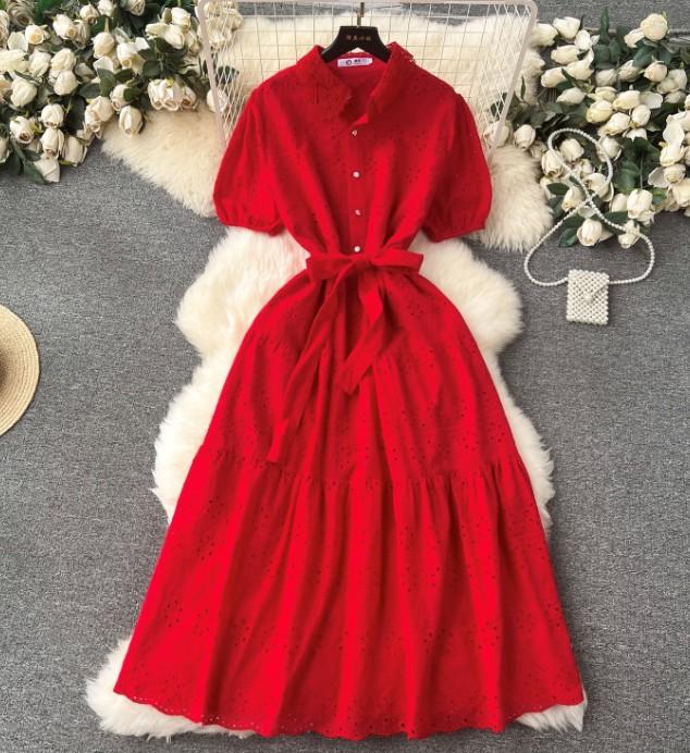 2026 Retro Embroidery Hollow Lace Lapel Breasted Slim-fit Long Age-reducing Bubble Sleeve Dress Women