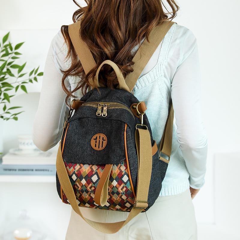 Vintage Color Block Backpack Ethnic Embroidery Shoulder Bag Large Capacity Backpack