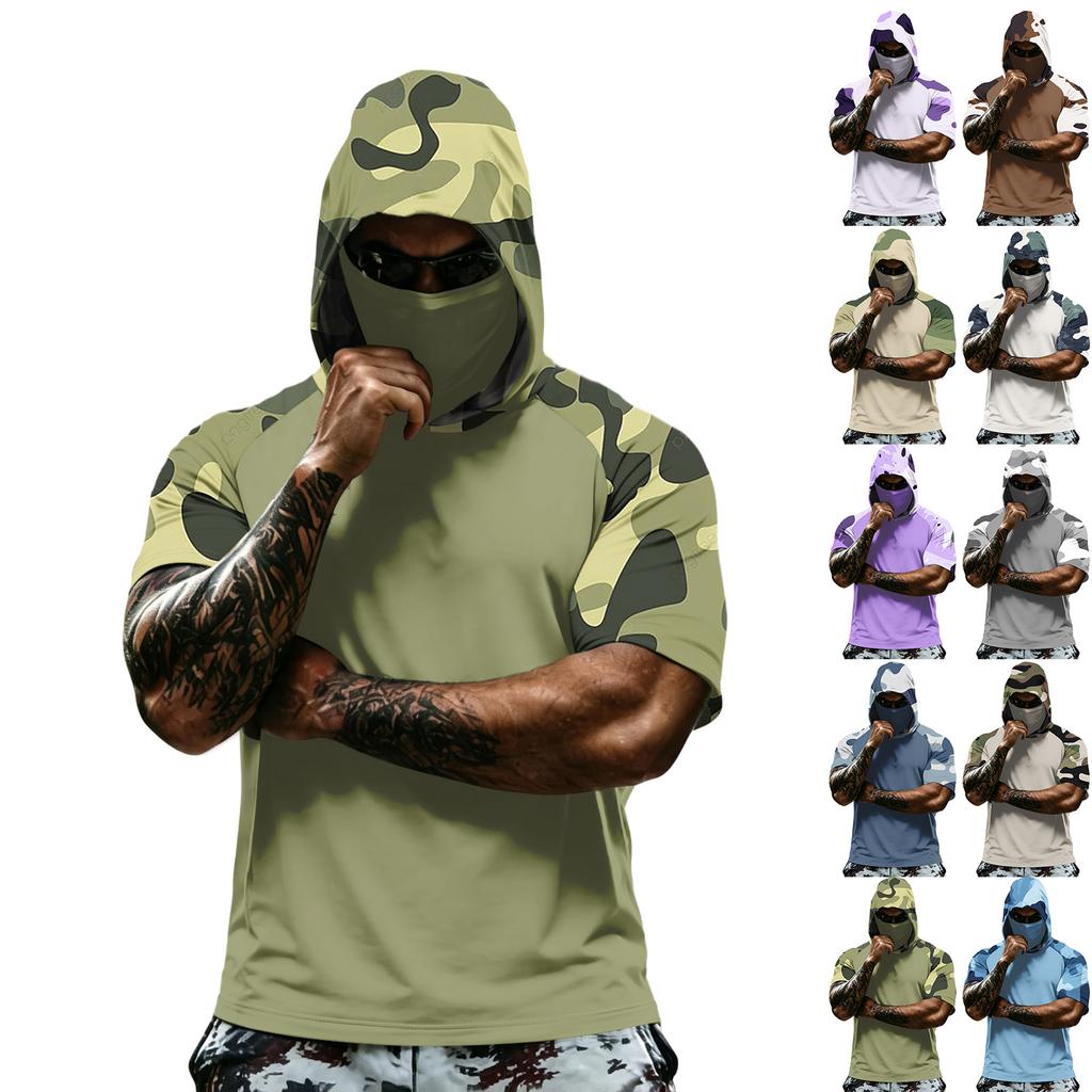 Men's Short Sleeve Hooded T Shirt Casual Camouflage Print Raglan Sleeve Pullover Lightweight Top for Outdoor Sports
