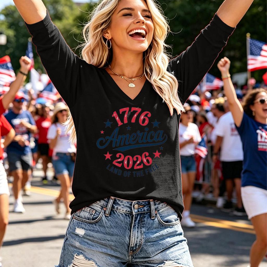 Women’s Casual V Neck Half Sleeve Top with 1776 2026 America Land of the Free Letter Print Loose Fit Pullover Shirt for Daily Wear