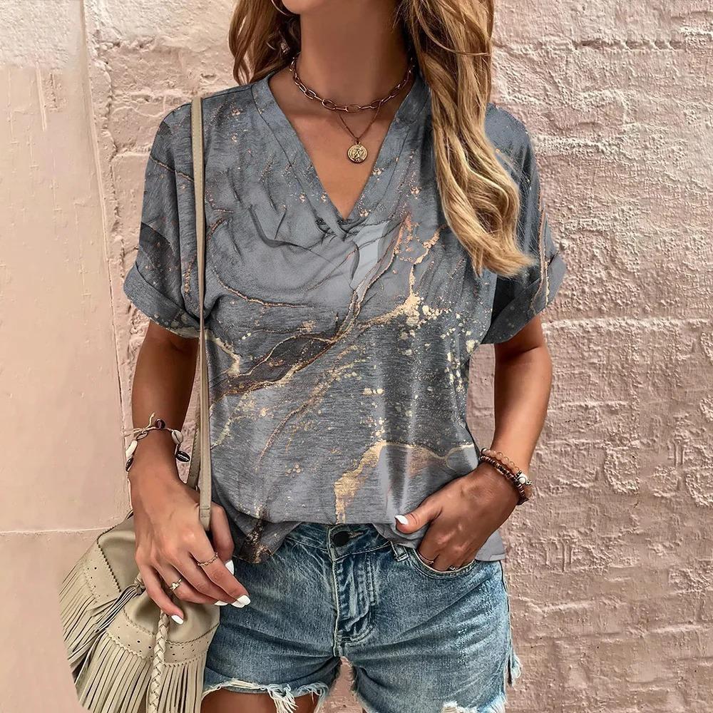 Women's T-shirt Summer V-neck Short Sleeved Top Pattern Printed Outdoor T-shirt Women's Casual Cowboy Printed Clothing Street T-shirt