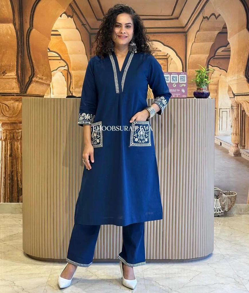 Women's Designer Heavy Cotton Kurta Pant Set Embroidered Party Wear Top Tunic Kurti Dress