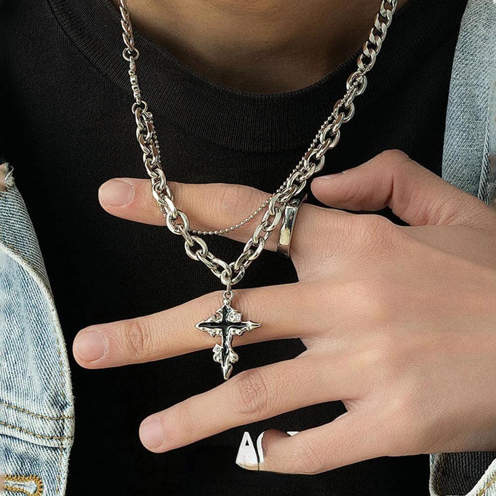 Punk Black Cross Necklace For Men Women Trend Titanium Steel Chain Sweater Pendant Hip Hop Jewelry Cool Accessories
