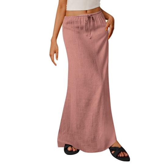Boho Style Maxi Skirt High Waist Adjustable Drawstring Long Skirt with Back Split Design Solid Color Office Lady Skirt