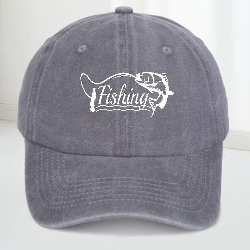 Fishing Print Baseball Cap for Unisex, Outdoor Hat with Curved Brim, Stylish American Washed Vintage Baseball Cap, Trendy Style