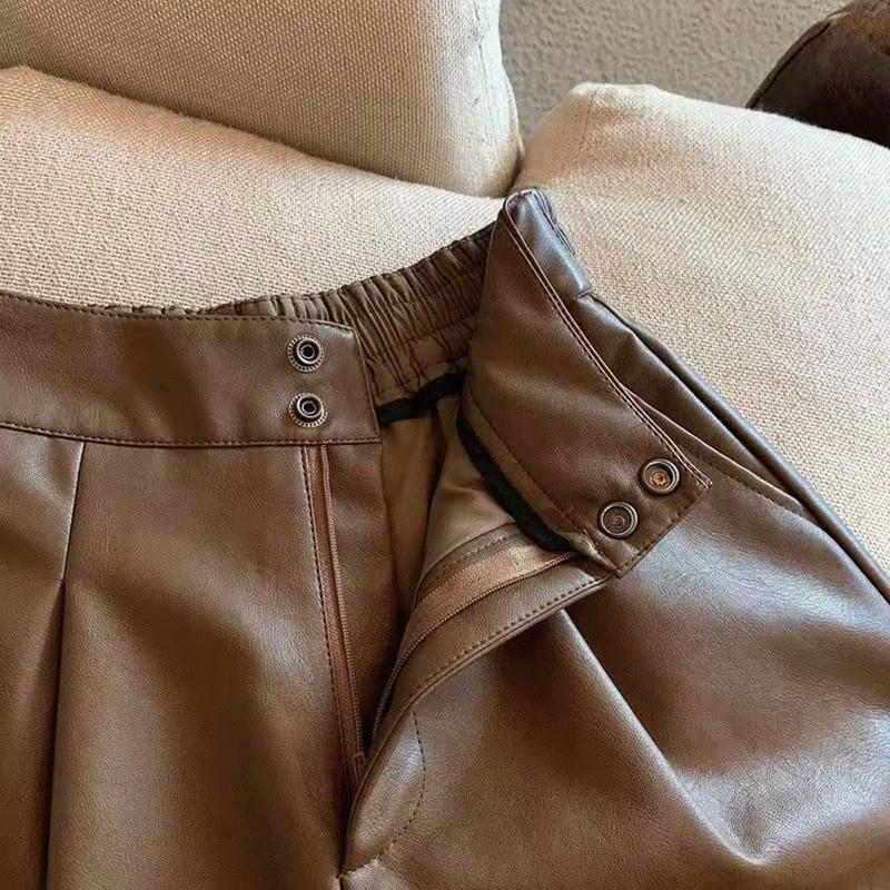 Dames Chique Mode Zijzakken Zwarte Kunstlederen Shorts Vintage Hoge Taille Ritssluiting Korte Broeken voor Vrouwen