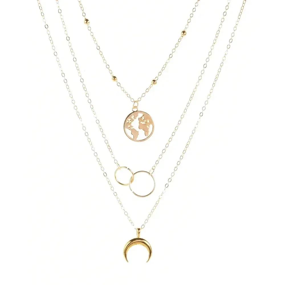 New Fashion Retro Moon World Map Circle Pendant Multilayer Necklace Party Charm Jewelry Accessories For Women Gifts