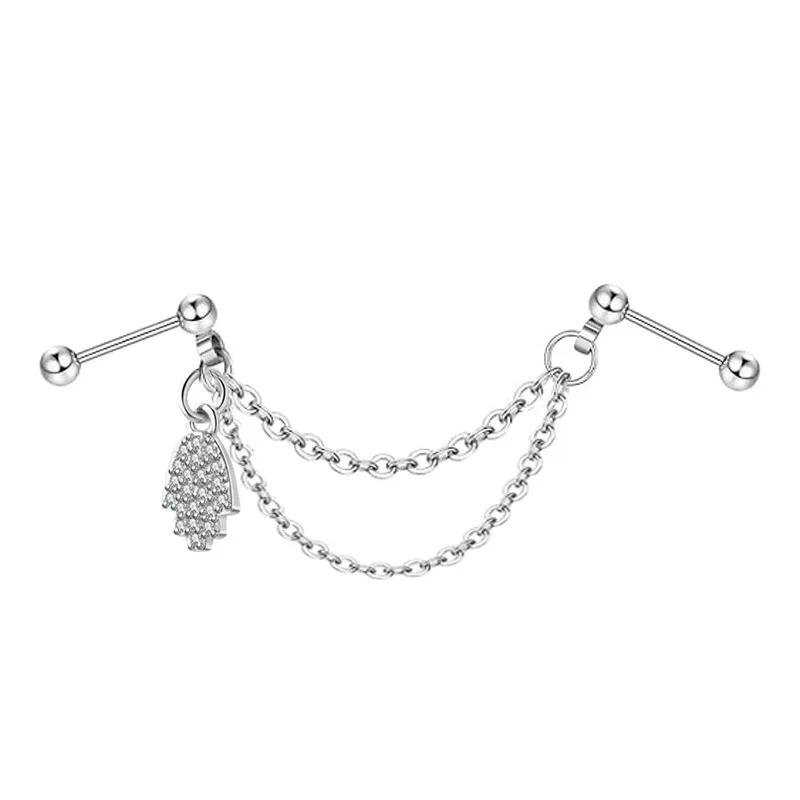 Screw Ball Fashion Piercing Earrings Stainless Steel L Chain Zircon Moon Heart-shaped Earbone Stud