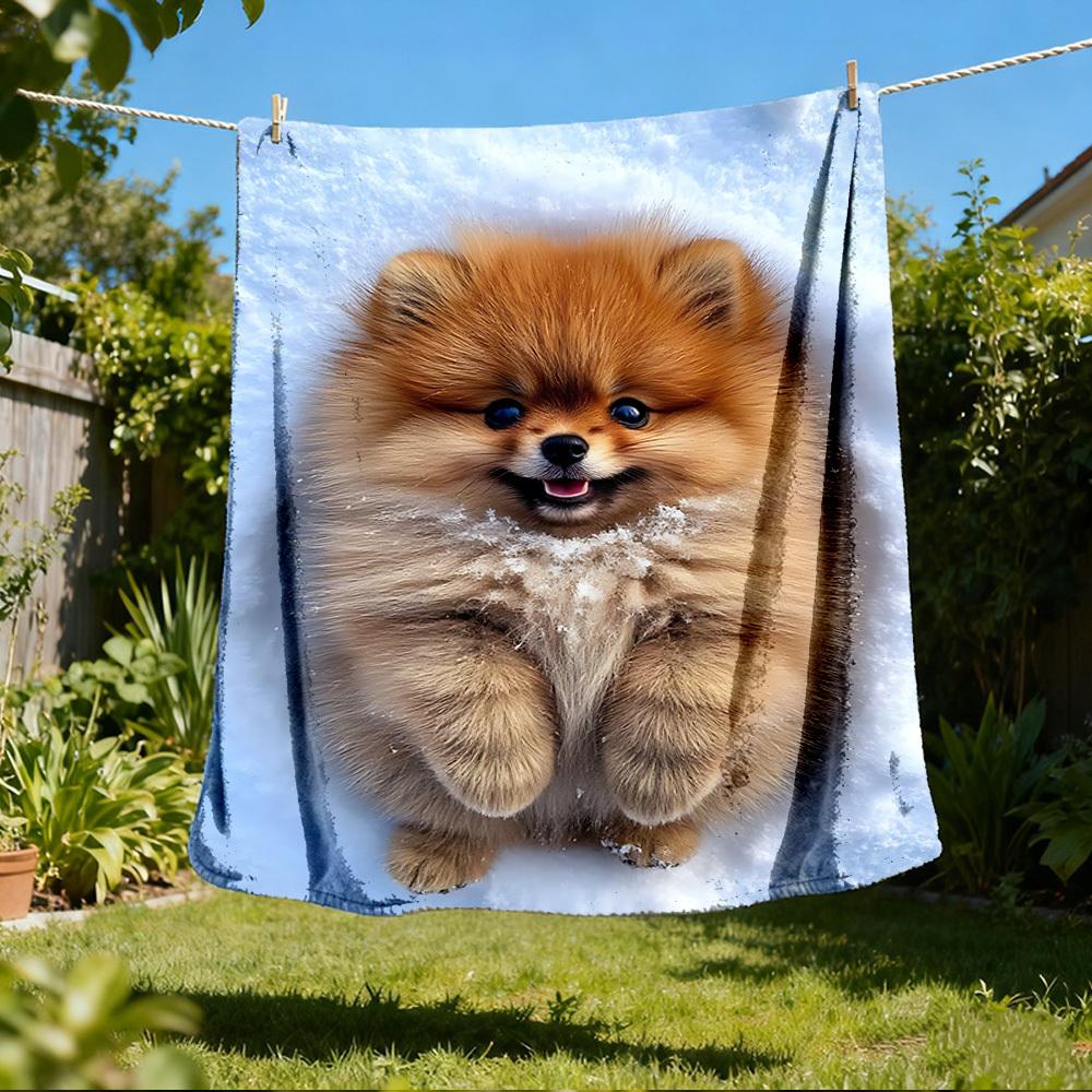 1pc Pomeranian Outdoor Flannel Blanket , Machine Washable Perfect Gift for Birthday , Holiday Travel Accessory , Durable Material