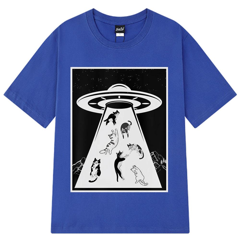 Rolig UFO-katt Utomjording Bortförning Katter Nyhet Grafiska T-shirts Herr Dam Vintage T-shirt Kortärmad Bomull Mode Casual T-shirts