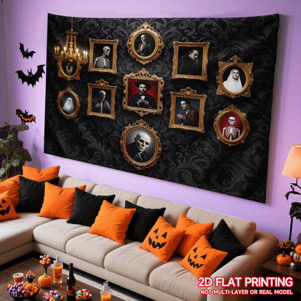 Eine Halloween-Dekorationsszene mit einem furchterregenden Herrenhaus-Hintergrund, die ein dramatisches gotisches Totenkopf-Porträt-Design aufweist