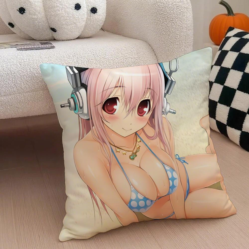 S-Super Sonico Pillow Anime Character Cushion Cover Throw Pillow Cover Hidden Button Durable Polyester Chair Cushion