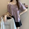 T-shirt Grande Taille Décolleté Bardot Imprimé Lettres Printemps/Été 2025 - Tendance Ample Amincissant Mode Femme
