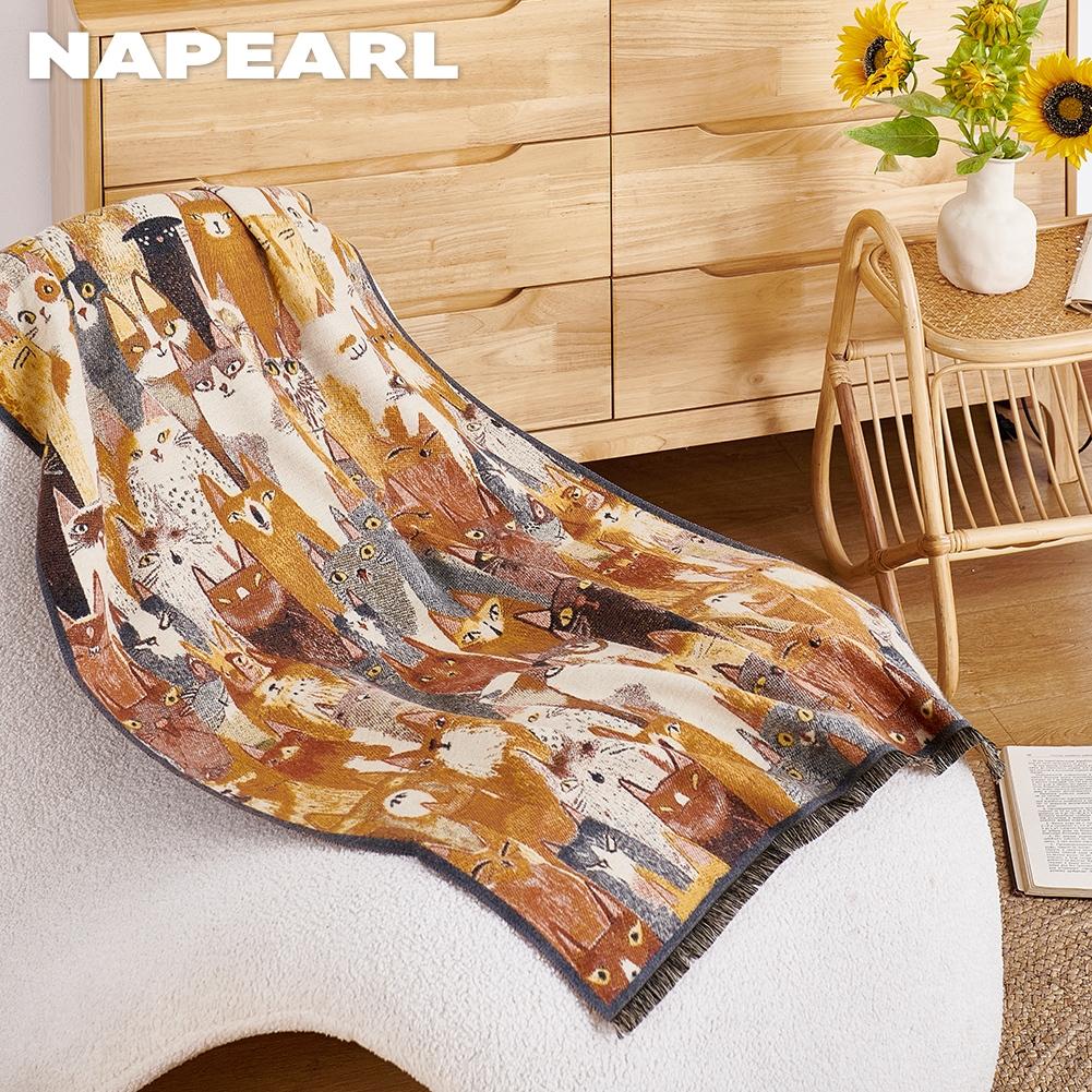 1PC NAPEARL Hand Drawn Cat Printed Polyester Blanket, Retro Warm Sofa Decoration Nap Blanket for Bedroom Living Room Home Decor