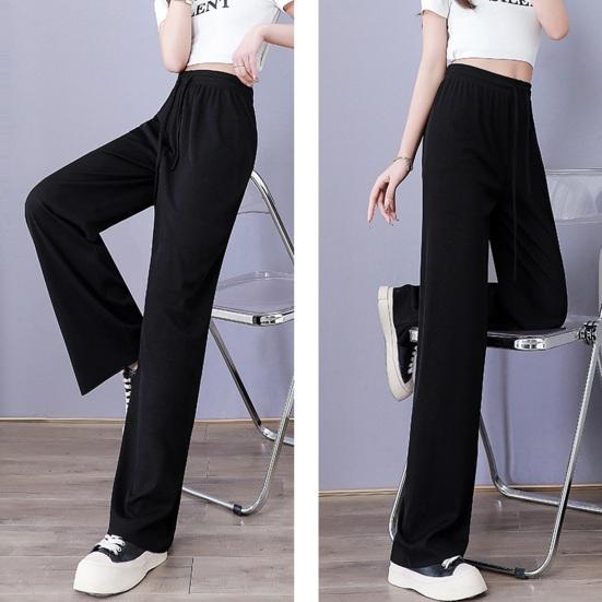 Women Casual Pants Elastic Waist Adjustable Drawstring Solid Color Long Trousers Ice Silk Wide Leg Draped Pants Streetwear