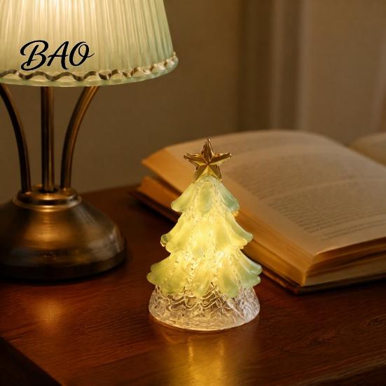 Clear Glass Tree with Gold Star Handmade Christmas Lighted Figurine, Mini Luminous Xmas Gift for Friends Night Light, Art Tabletop Holiday Decoration