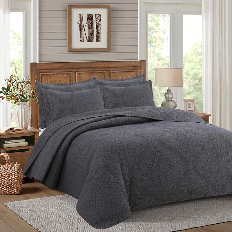 American-Style Quilted Cotton Bedspread Set - 3-Piece Washed Solid Color Bedding