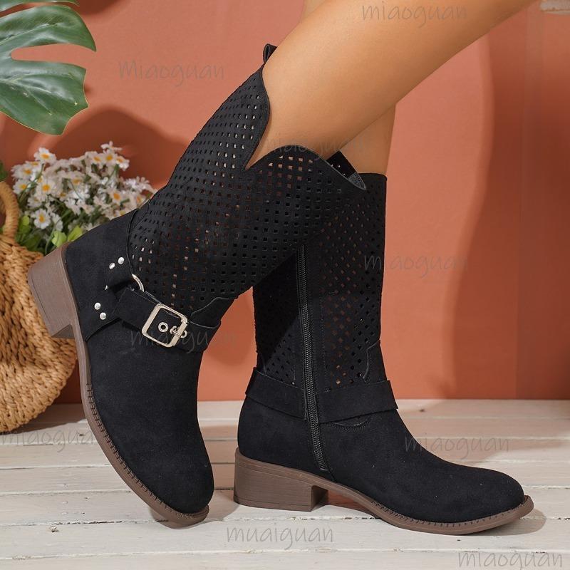 Vintage Metal Belt Buckle Black Brown Mid-Calf Boots Women 2026 Autumn Bohemia Hollow Out Brown Suede Boots Retro Cowboy Shoes
