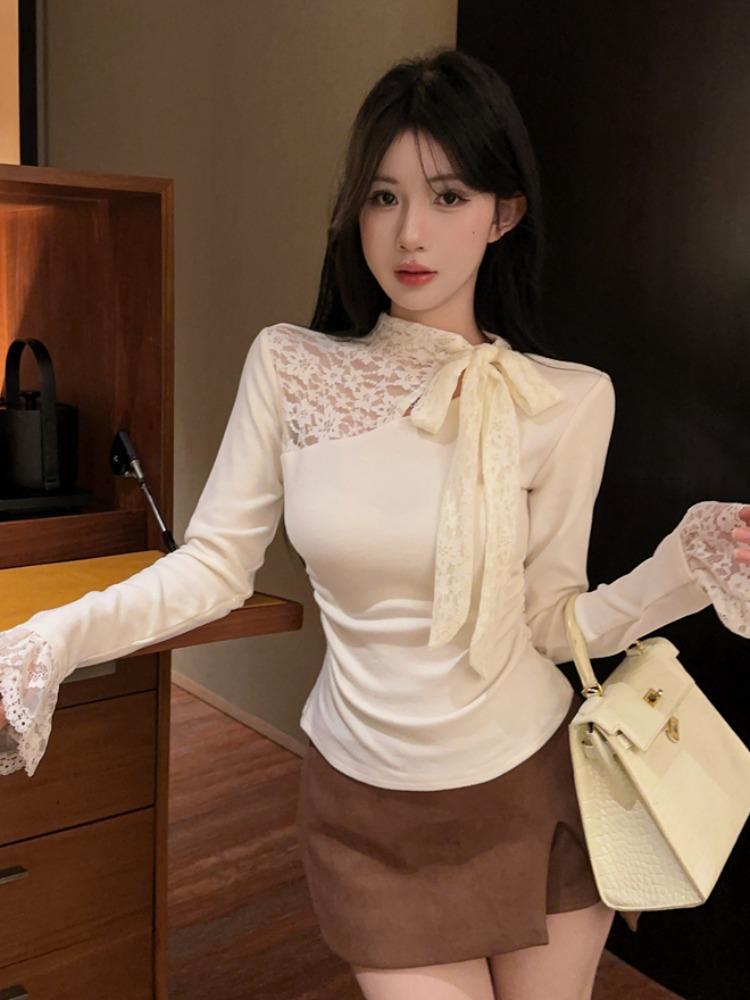 French Style Lace-Up Patchwork Long Sleeve Slim Fit Top