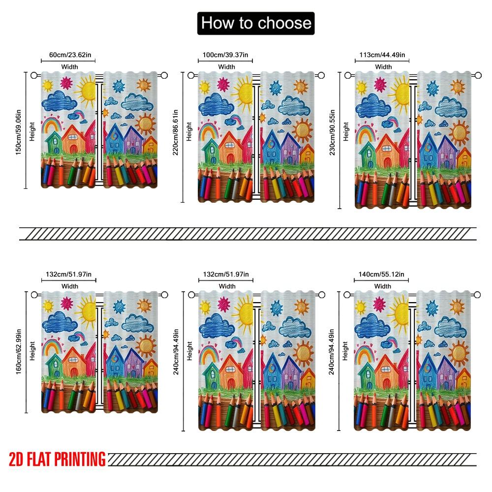 Set Of 2 Flat Printing Back School Party Theme Curtain Includes Colored Crayons Pencils Fun Patterns Happy Clouds Curtains Made Polyester