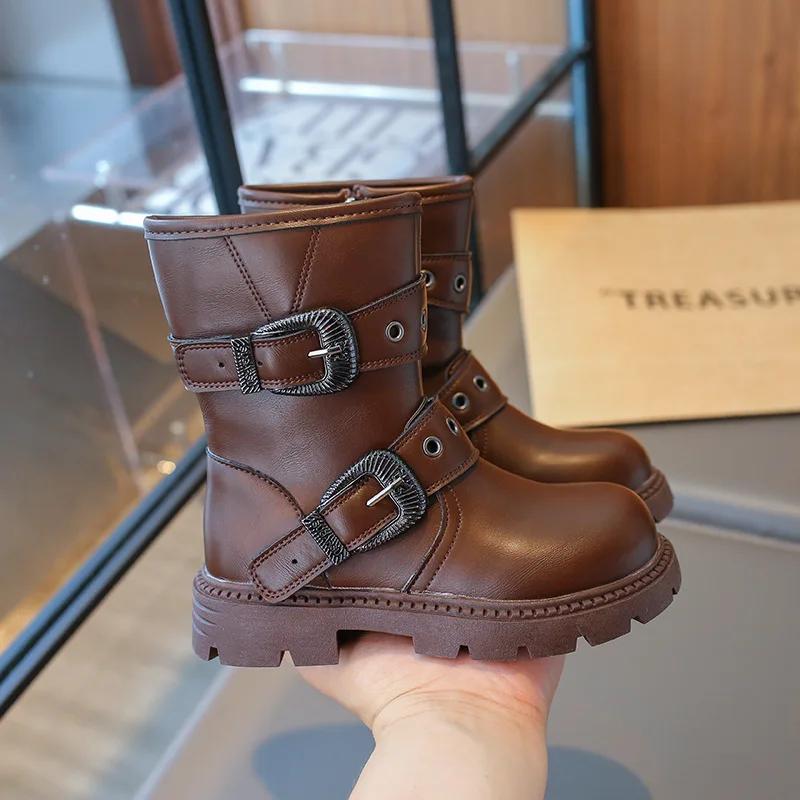 Retro Girls' Boots Spring Autumn Children Mid-calf Boots Solid Color Versatile Princess Catwalk Shoes Fashion Kids Causal Boots