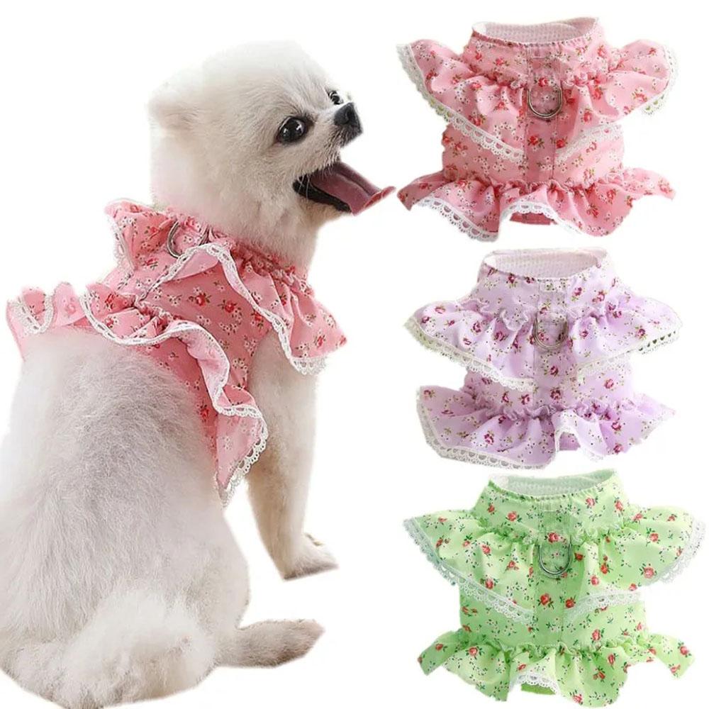 Puppy Dog Harness and Leash Set Pink Lace Floral Dog Vest Harness for Small Dog Cute Soft Mesh Escape Proof Pet Cat Vest Harness