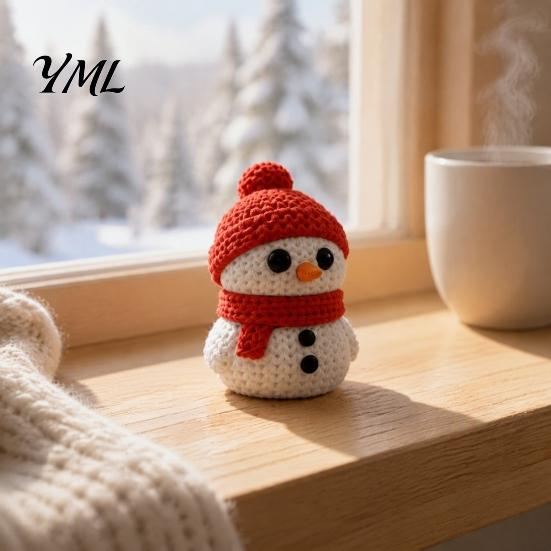 Decorative Snowman Statue 3D Printed Knitted Figurine, Christmas with Red Knit Desktop Figurines Hat and Scarf, Mini Sculpture for Holiday Desk