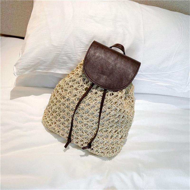 Sommer Rucksack Frauen Rattan Stroh Tasche Casual Aushöhlen Damen Gewebt Strand Tasche Rucksäcke Weibliche Kordelzug