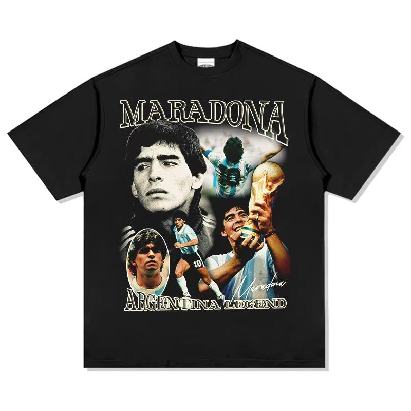 Football Star Maradona Print T-shirt Retro Fashion Trend Comfortable Loose Casual 100% Cotton Round Neck Short-sleeved T-shirt