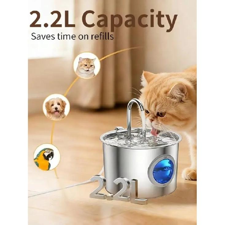 2.2L Stainless Steel Cat Water Fountain, 304 Steel, Quiet USB Pump, Large Window, Hair Filter, Easy Clean