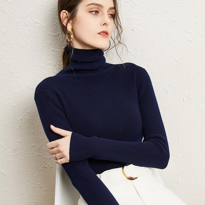 Women's Autumn Winter Tight-Fitting Inner Wear High Neck Pullover Knit Sweater with Pile Collar and Ribbed Design Versatile Base Layer