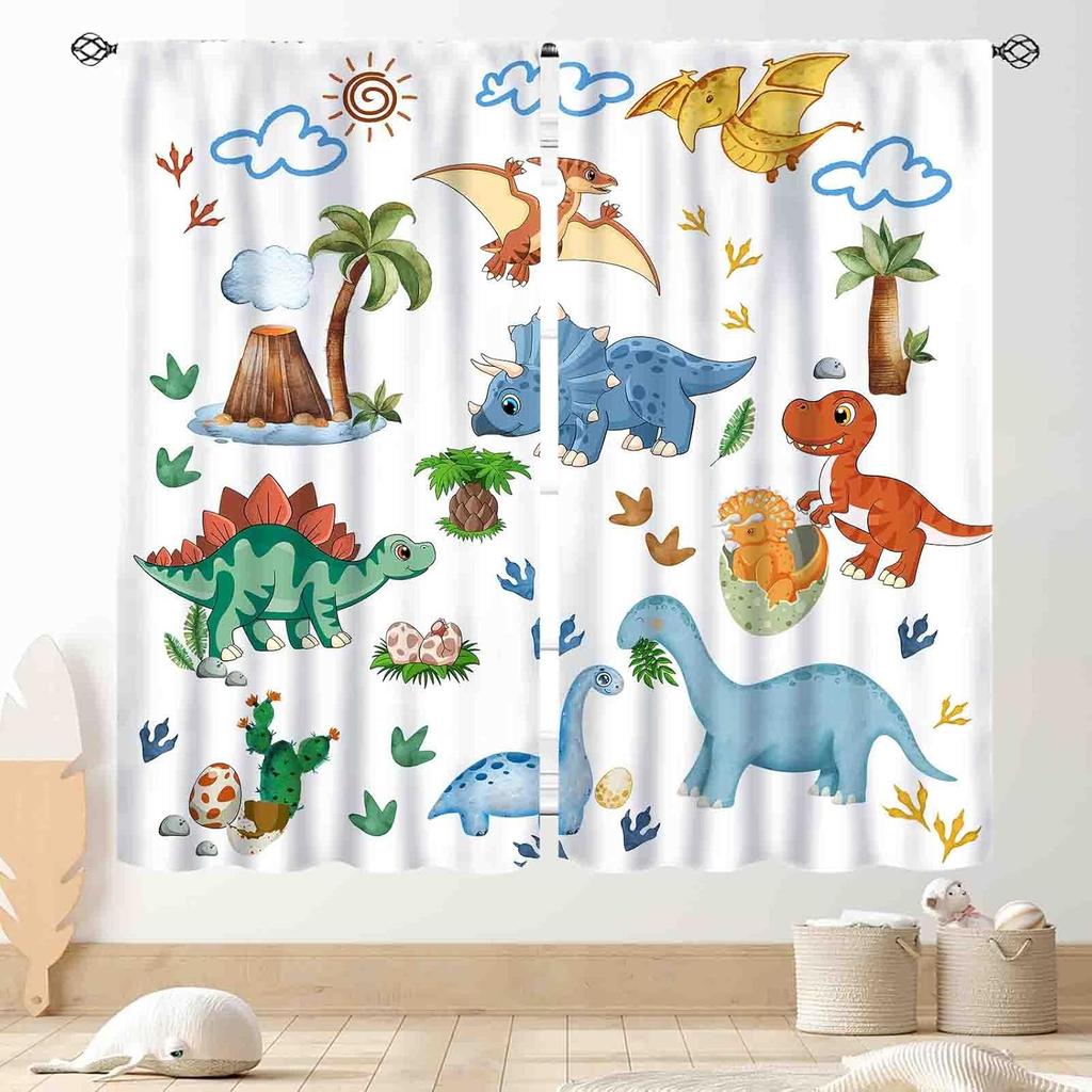 Kids Dinosaur Curtains For Boys Room, Cartoon Dino Funny Cute Dinosaur Safari Animals Colorful Window Treatments Drapery For